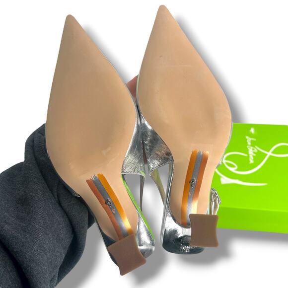 NEW Sam Edelman Odette Slingback Heels Size 8 Metallic Silver Leather Pumps - Picture 4 of 12